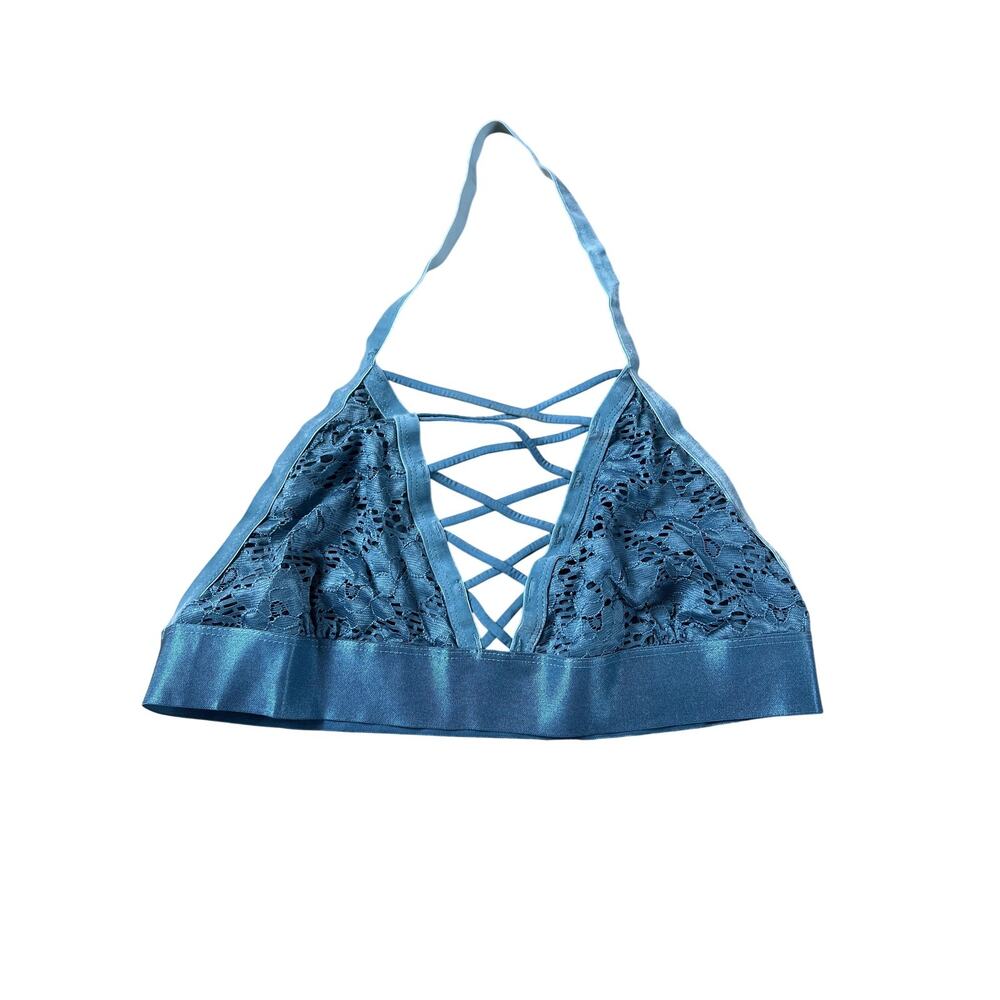 Iris Top Womens L Blue Lace Halter Lined Stretch Floral Sleeveless Adjustable